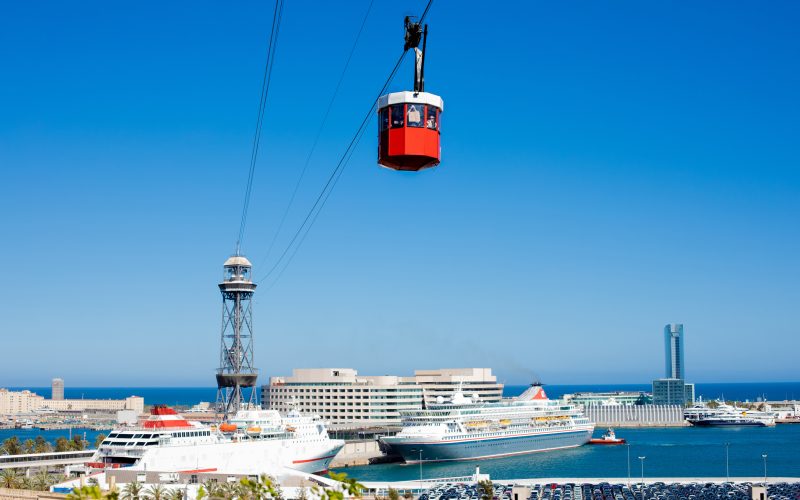 Funicular in Barcelona at summer day. Cablecar over the port in Barcelona, Spain. Aerial panoramic view over Port Vell marina from Montjuic "n